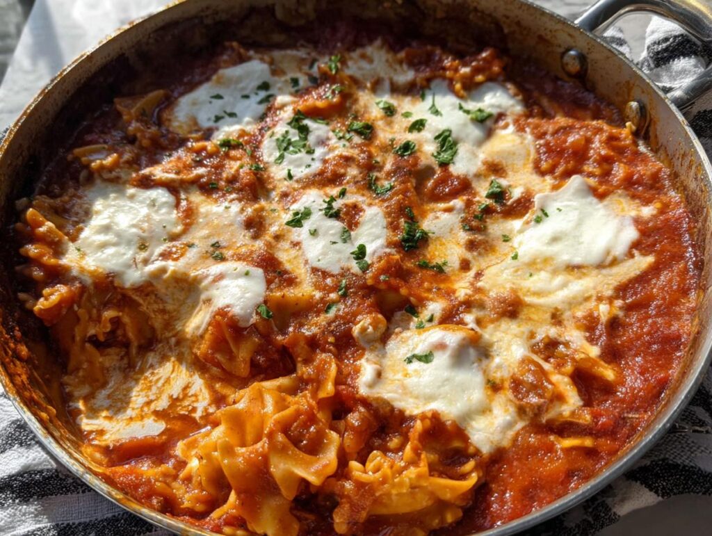 Close-up of Skillet Stovetop Lasagna with Ricotta dollops and parsley in a metal pan.