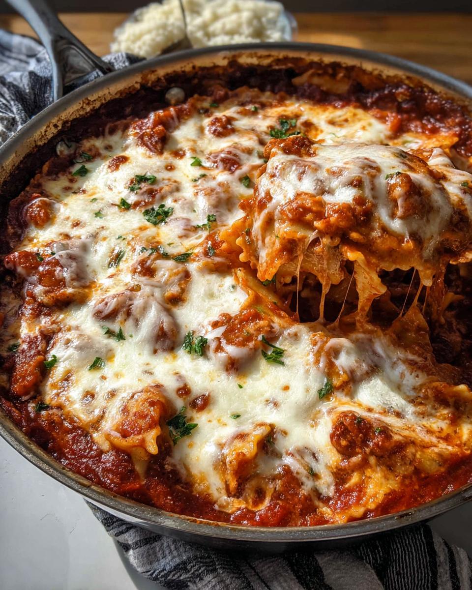 A serving spoon pulls a cheesy, saucy portion from a Skillet Stovetop Lasagna with Ricotta, showing long cheese pulls.