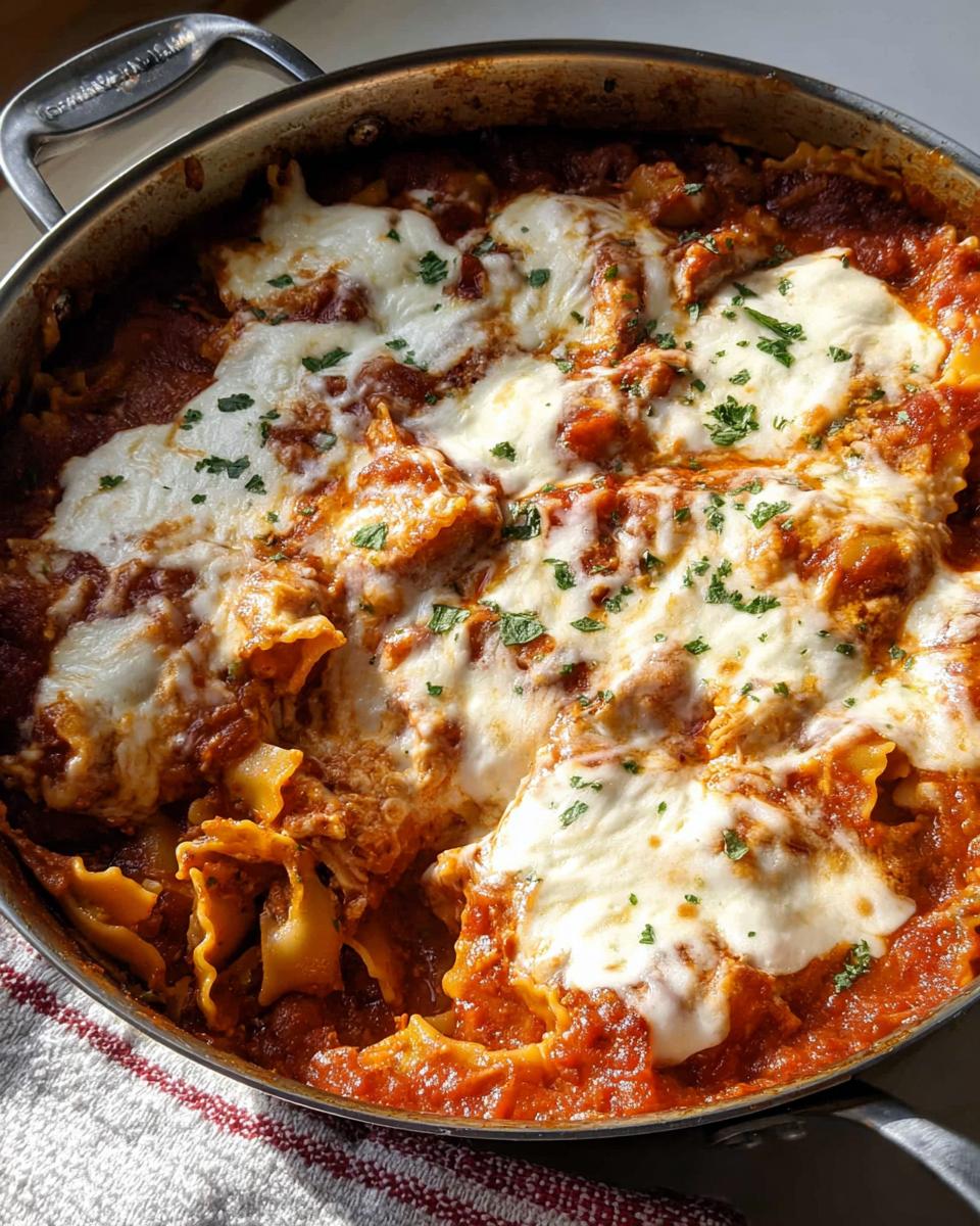 Close-up of Skillet Stovetop Lasagna with Ricotta, bubbling tomato sauce, melted mozzarella, and parsley.