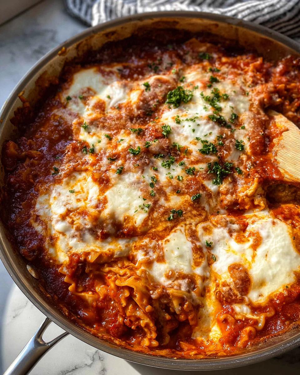 Close-up of Skillet Stovetop Lasagna with Ricotta, bubbling red sauce, and melted mozzarella.