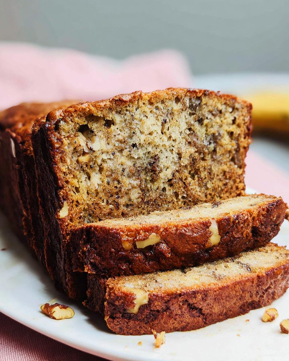 Two thick slices of moist Banana Nut Bread with Walnuts resting against the main loaf on a white plate.