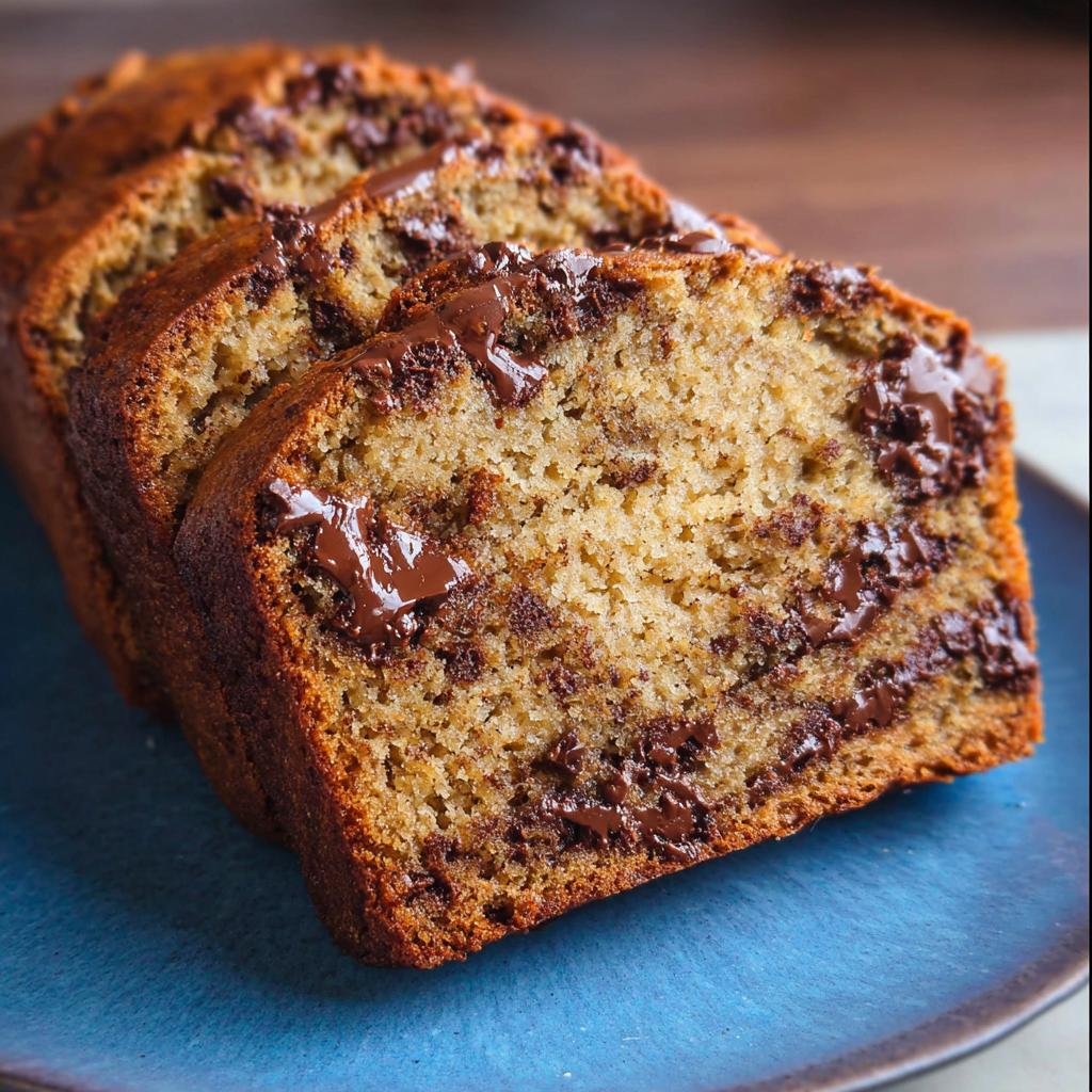 Close-up of three thick slices of moist Chocolate Chip Banana Bread Loaf on a blue plate.