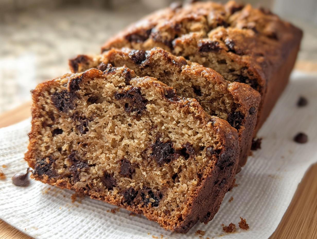 Close-up of sliced Peanut Butter Banana Bread loaded with melted chocolate chips resting on a white napkin.