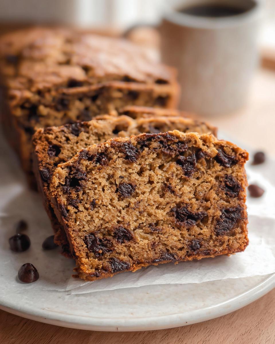 A thick slice of moist Peanut Butter Banana Bread loaded with chocolate chips, served next to the loaf.