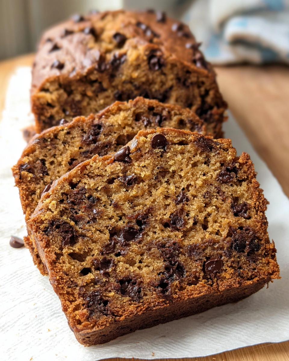 Close-up of sliced Peanut Butter Banana Bread loaded with melted chocolate chips.