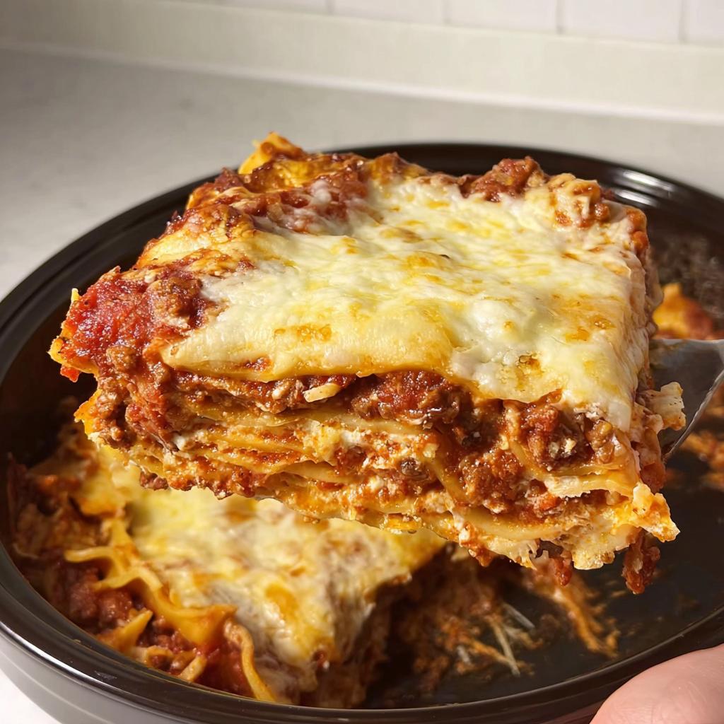 A generous, cheesy slice being lifted from a slow cooker of Slow Cooker Lasagna with Meat Sauce.