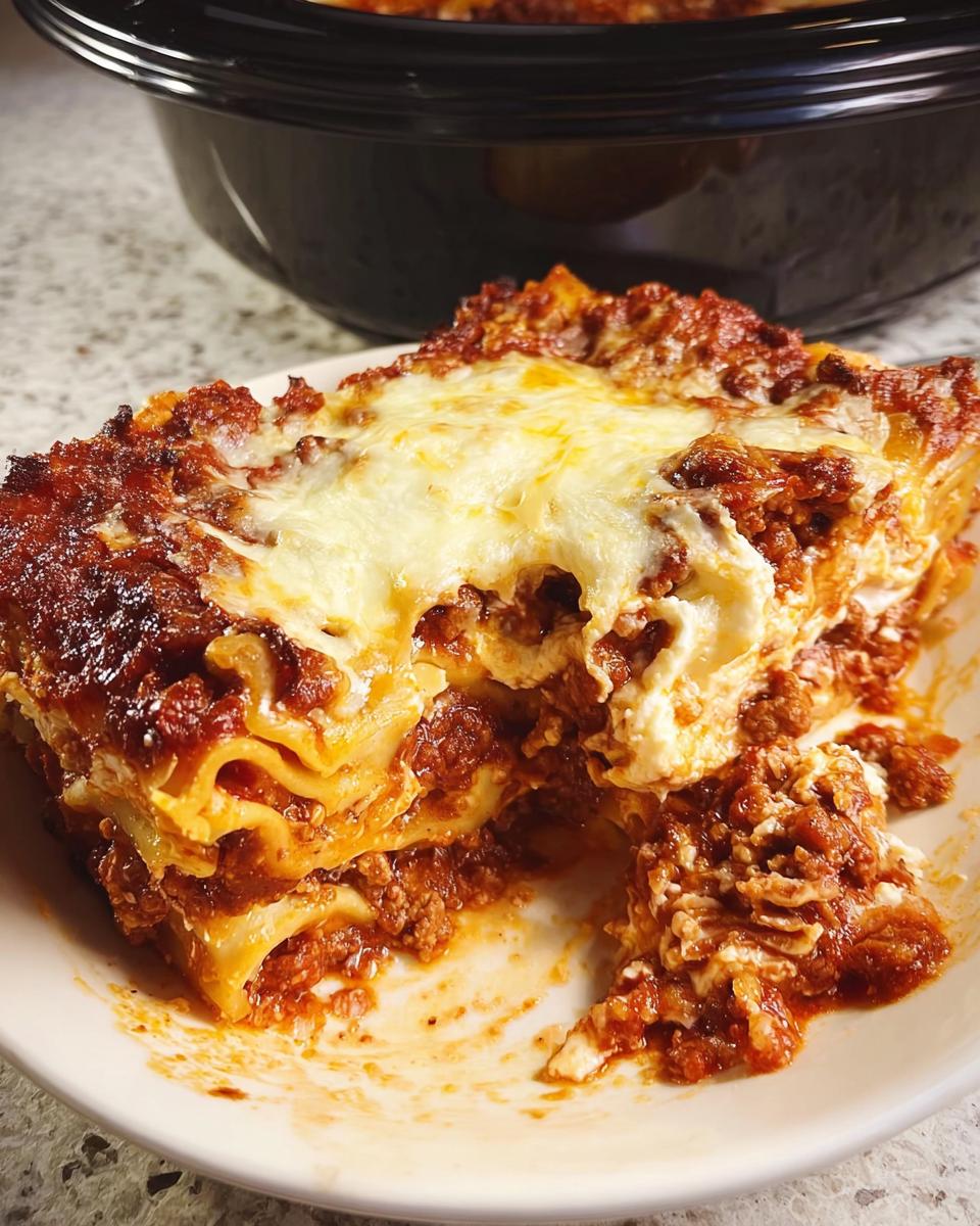 A generous slice of rich Slow Cooker Lasagna with Meat Sauce topped with melted mozzarella cheese.