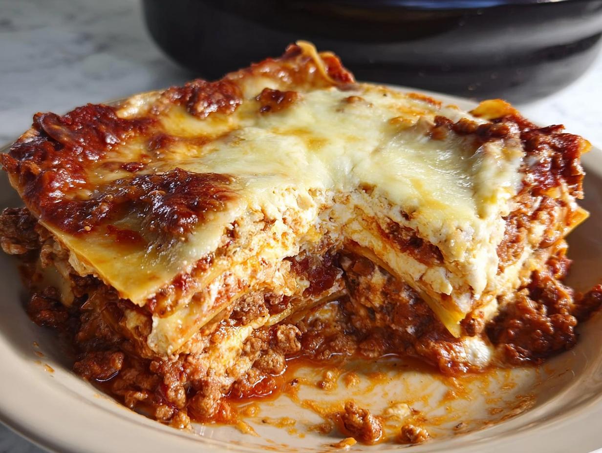 Close-up of a hearty slice of Slow Cooker Lasagna with Meat Sauce, showing layers of pasta, ricotta, and rich meat sauce topped with melted cheese.