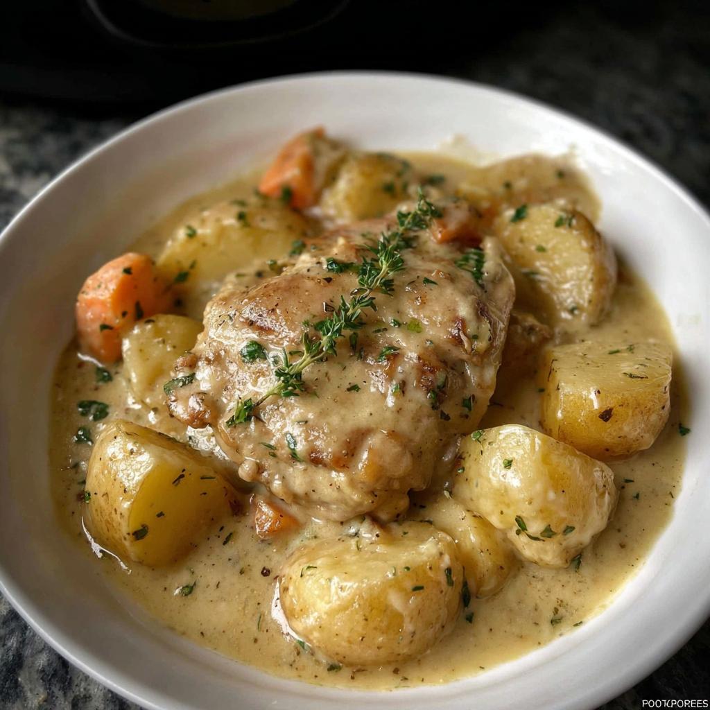 A serving of Slow Cooker Ranch Chicken Thighs smothered in creamy sauce with roasted potatoes and carrots.