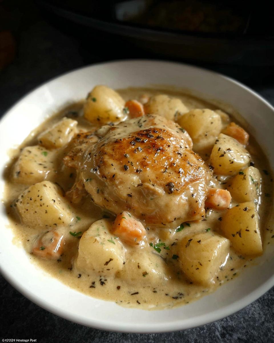 A close-up of Slow Cooker Ranch Chicken Thighs served in a creamy sauce with potatoes and carrots.