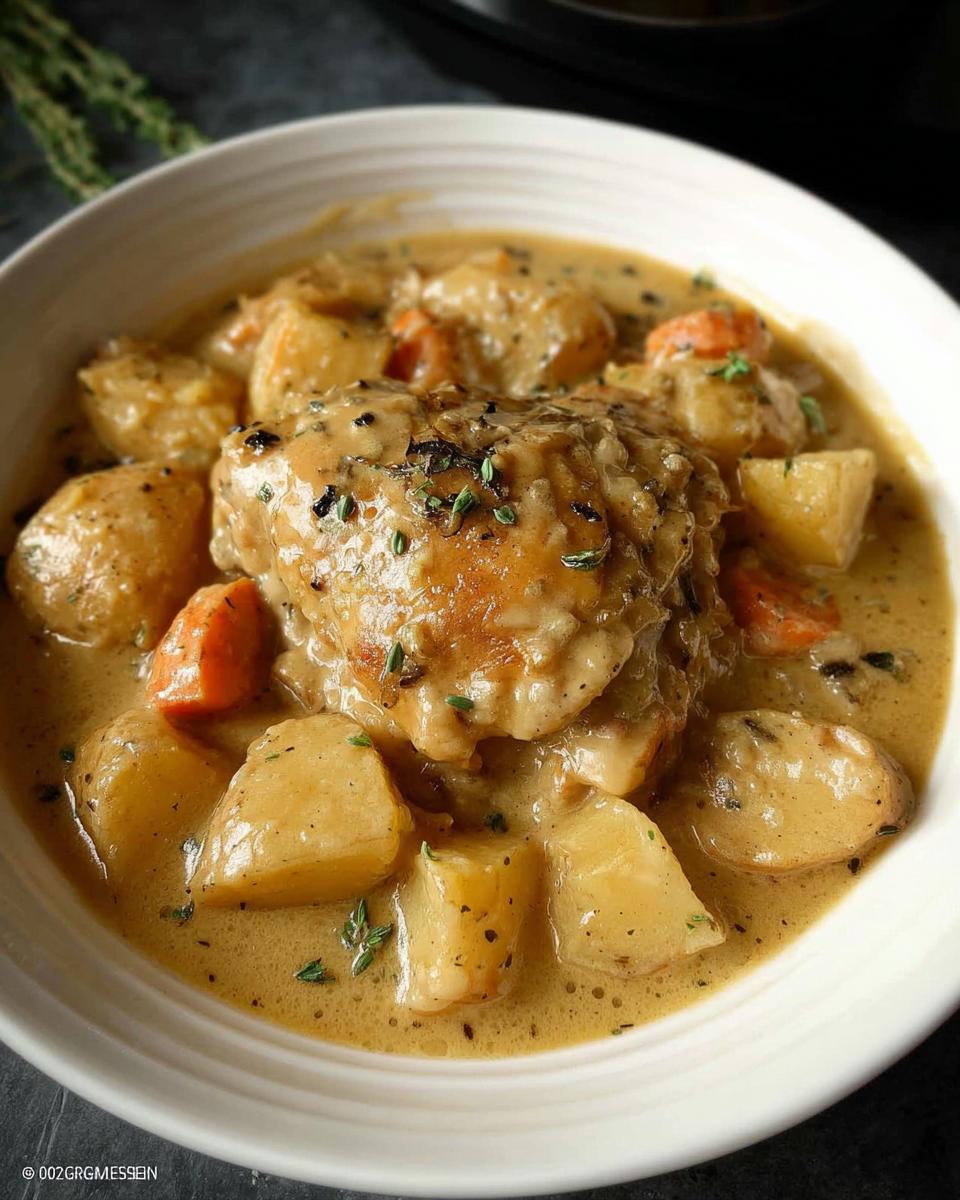 A close-up of Slow Cooker Ranch Chicken Thighs served in a creamy sauce with chunks of potatoes and carrots.