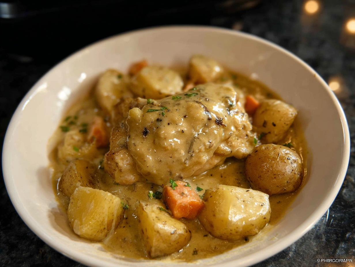 A bowl of Slow Cooker Ranch Chicken Thighs served with creamy sauce, potatoes, and carrots.