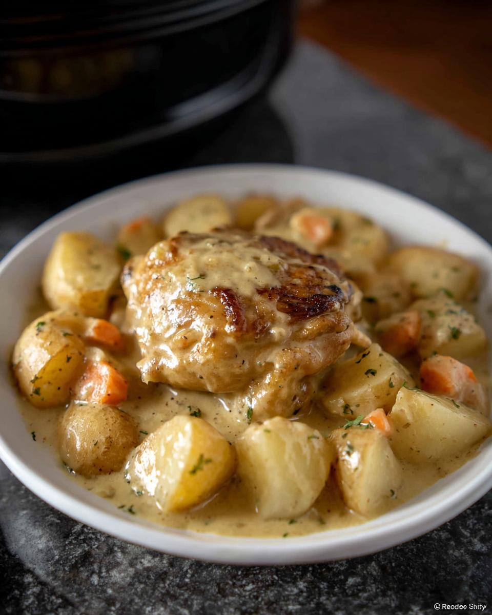 A single serving of Slow Cooker Ranch Chicken Thighs covered in creamy sauce, surrounded by potatoes and carrots.