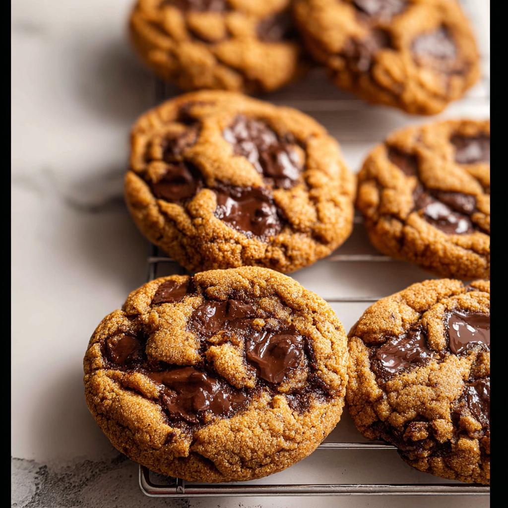 Close-up of several gooey Small Batch Chocolate Chip Cookies cooling on a wire rack.