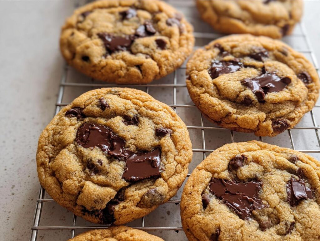 Close-up of several gooey Small Batch Chocolate Chip Cookies cooling on a wire rack.
