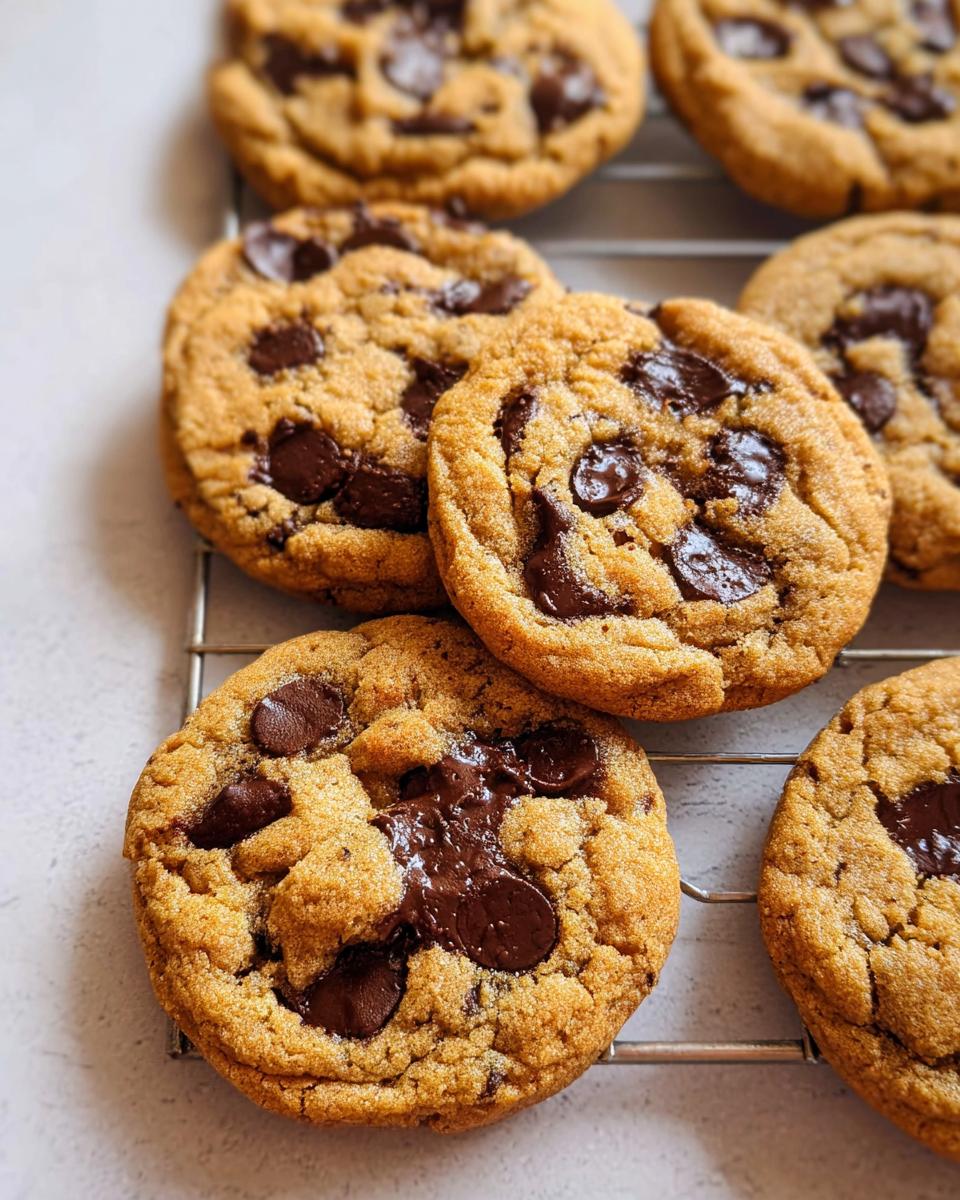 Close-up of warm Small Batch Chocolate Chip Cookies cooling on a wire rack with melted chocolate chips.