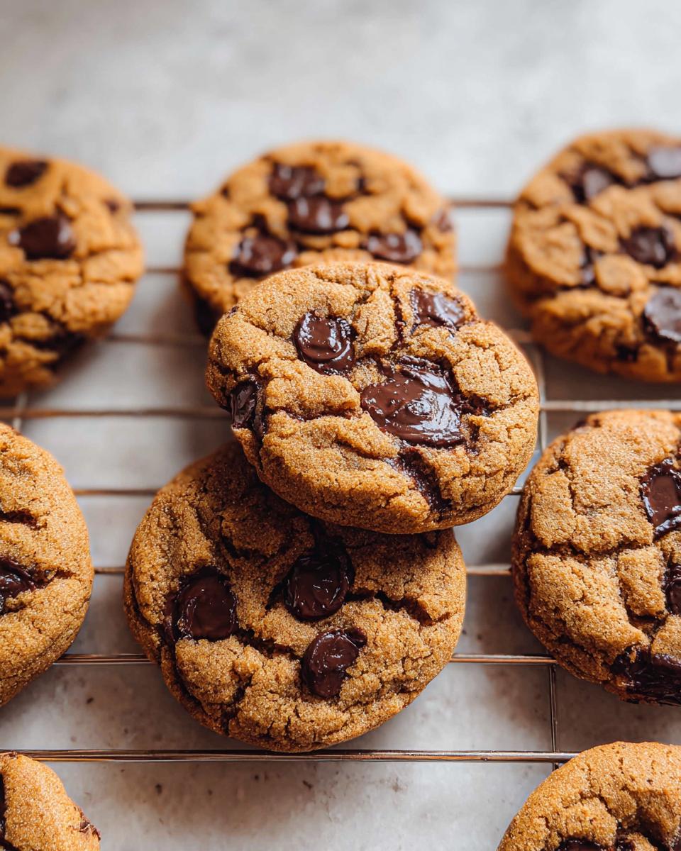Close-up of freshly baked Small Batch Chocolate Chip Cookies stacked and spread on a wire cooling rack.