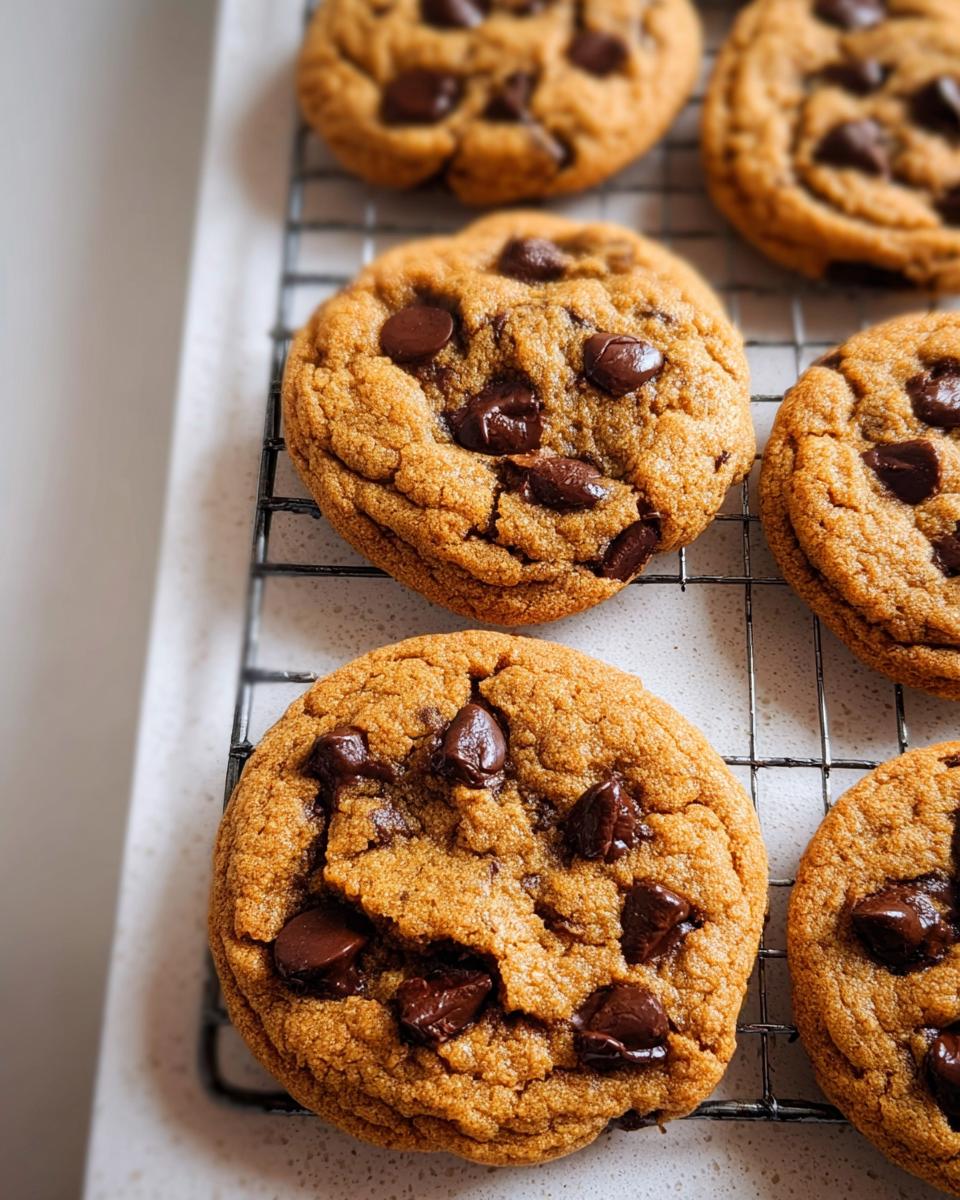 Close-up of warm Small Batch Chocolate Chip Cookies cooling on a wire rack.