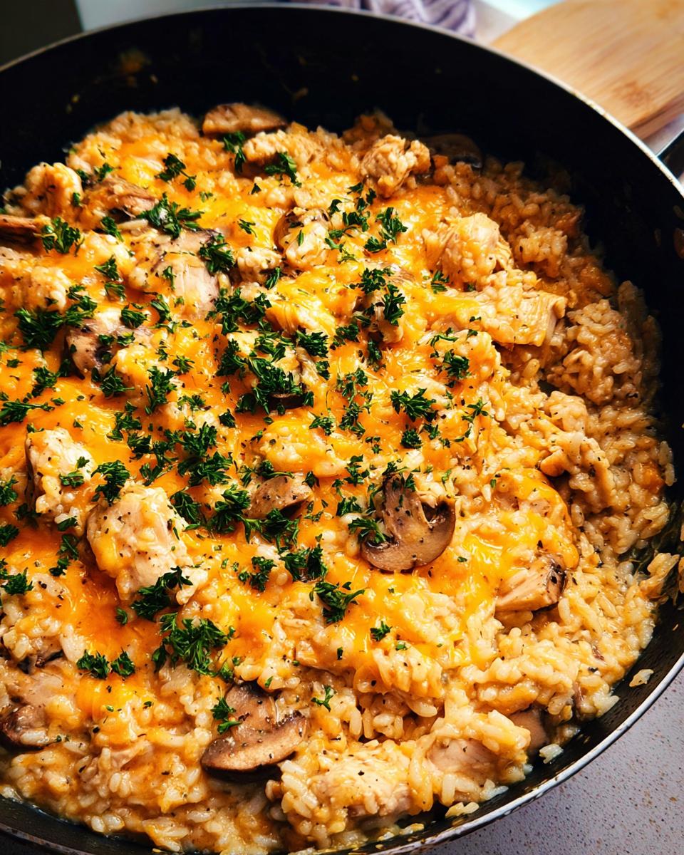 Close-up of Smothered Chicken and Rice Skillet topped with melted cheddar cheese and fresh parsley.