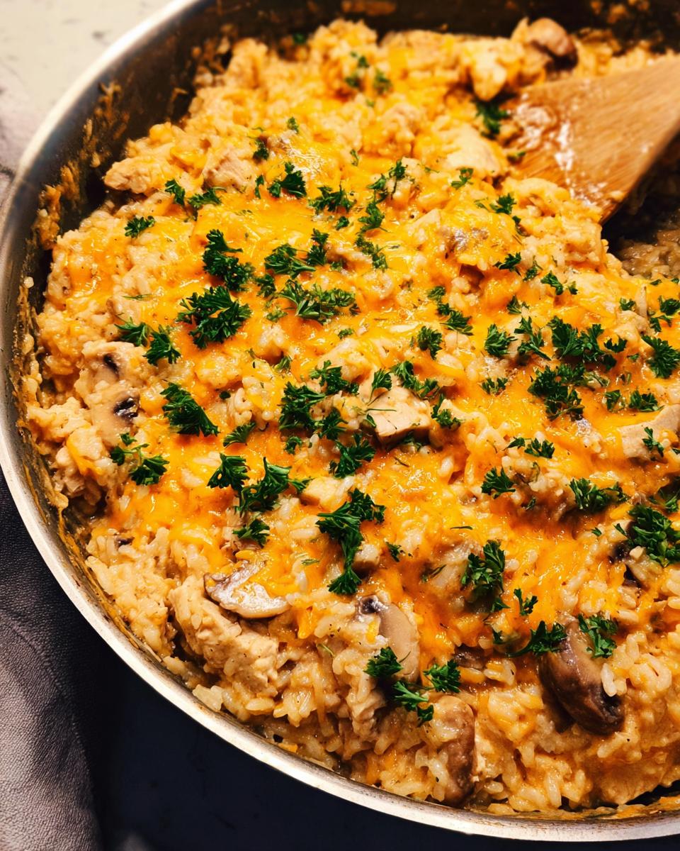Close-up of Smothered Chicken and Rice Skillet topped with melted cheddar cheese and fresh parsley in a skillet.