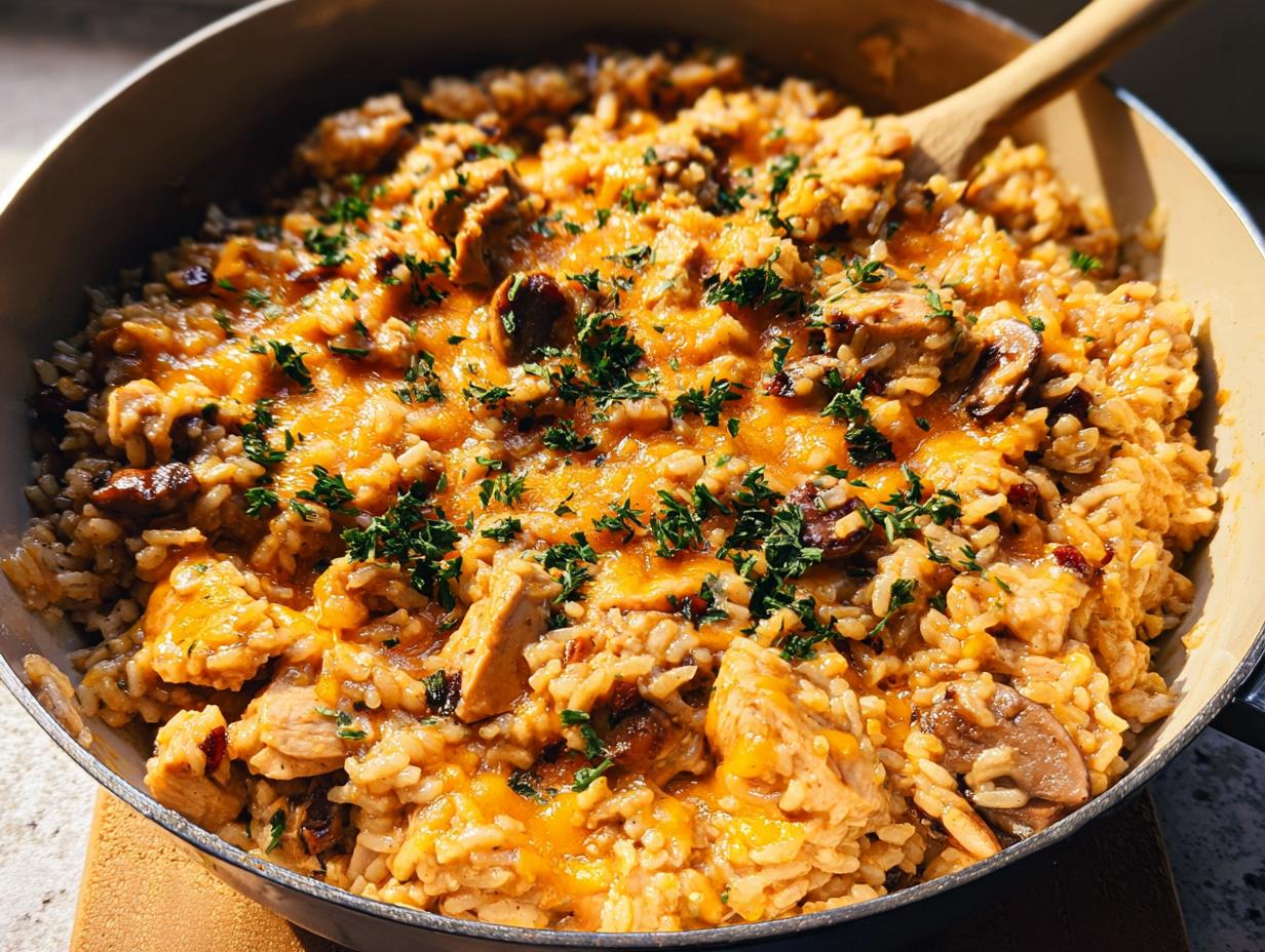 Close-up of Smothered Chicken and Rice Skillet topped with melted cheddar cheese and fresh parsley.