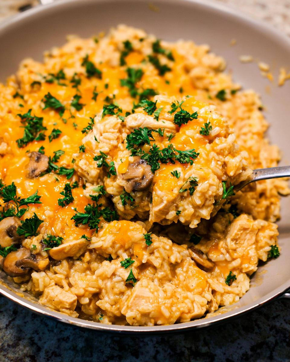 A spoonful of Smothered Chicken and Rice Skillet, rich with melted cheddar cheese, mushrooms, and parsley.