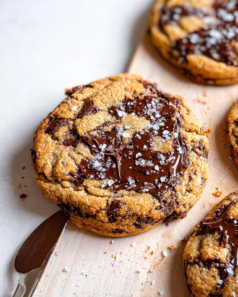A close-up of a perfectly baked Soft and Chewy Brown Butter Chocolate Chip Cookie topped with melted chocolate and sea salt.