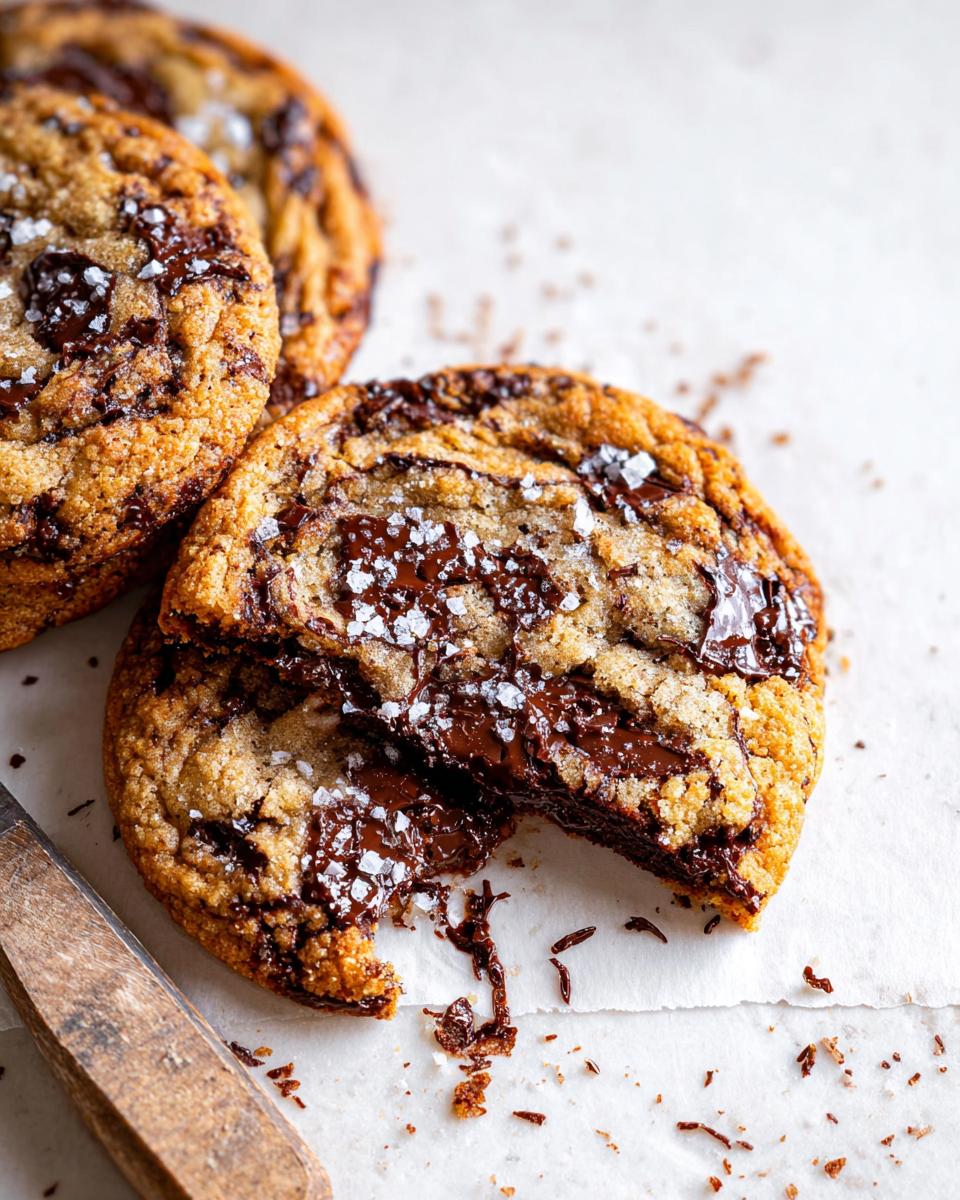 Close-up of a Soft and Chewy Brown Butter Chocolate Chip Cookie broken in half, showing molten chocolate and sea salt.