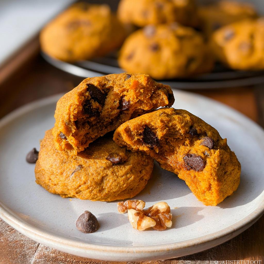 Close-up of Soft Pumpkin Chocolate Chip Cookies, one broken open showing the gooey chocolate chips inside.