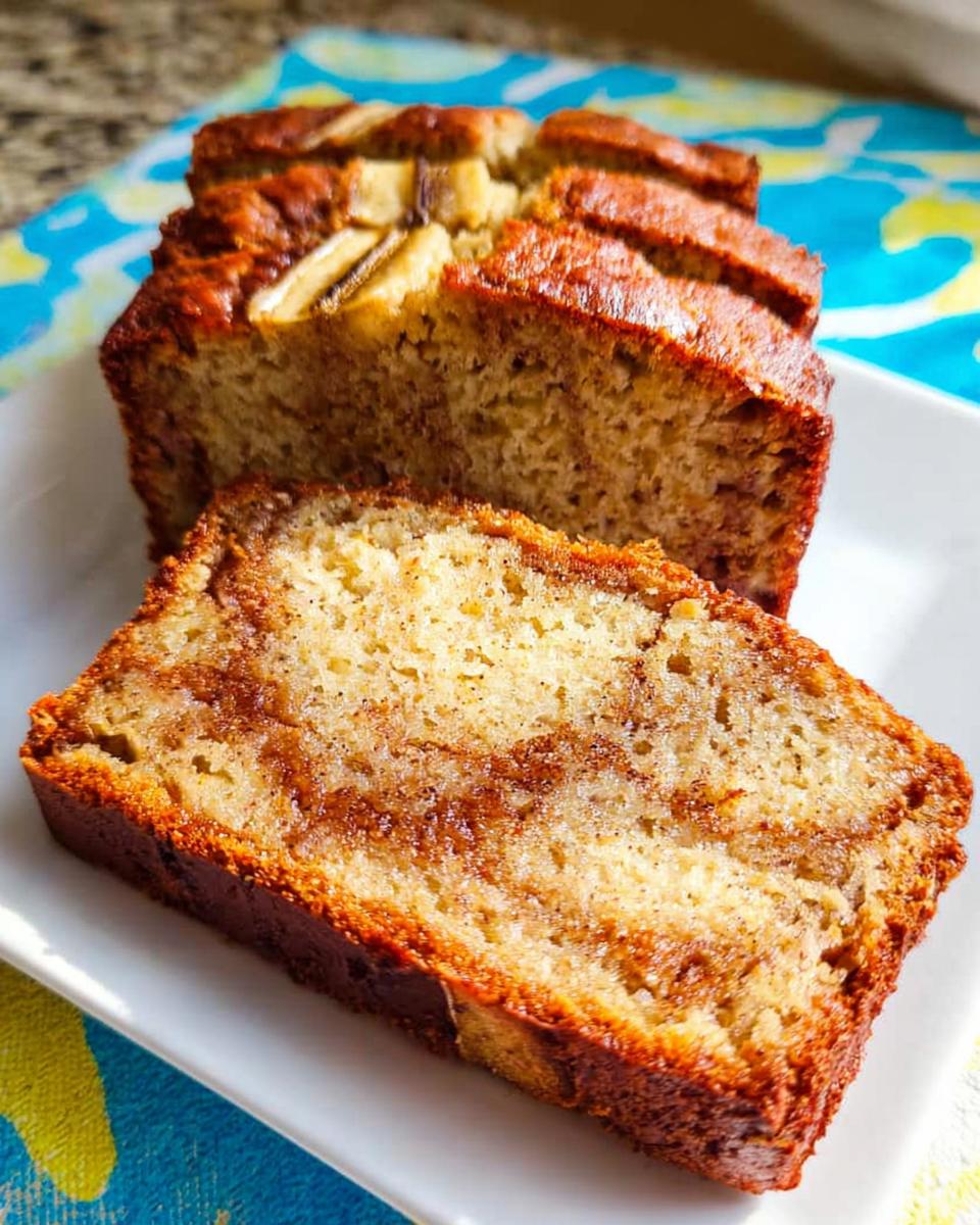 Close-up of a thick slice of moist Sour Cream Banana Bread showing a rich cinnamon swirl inside.