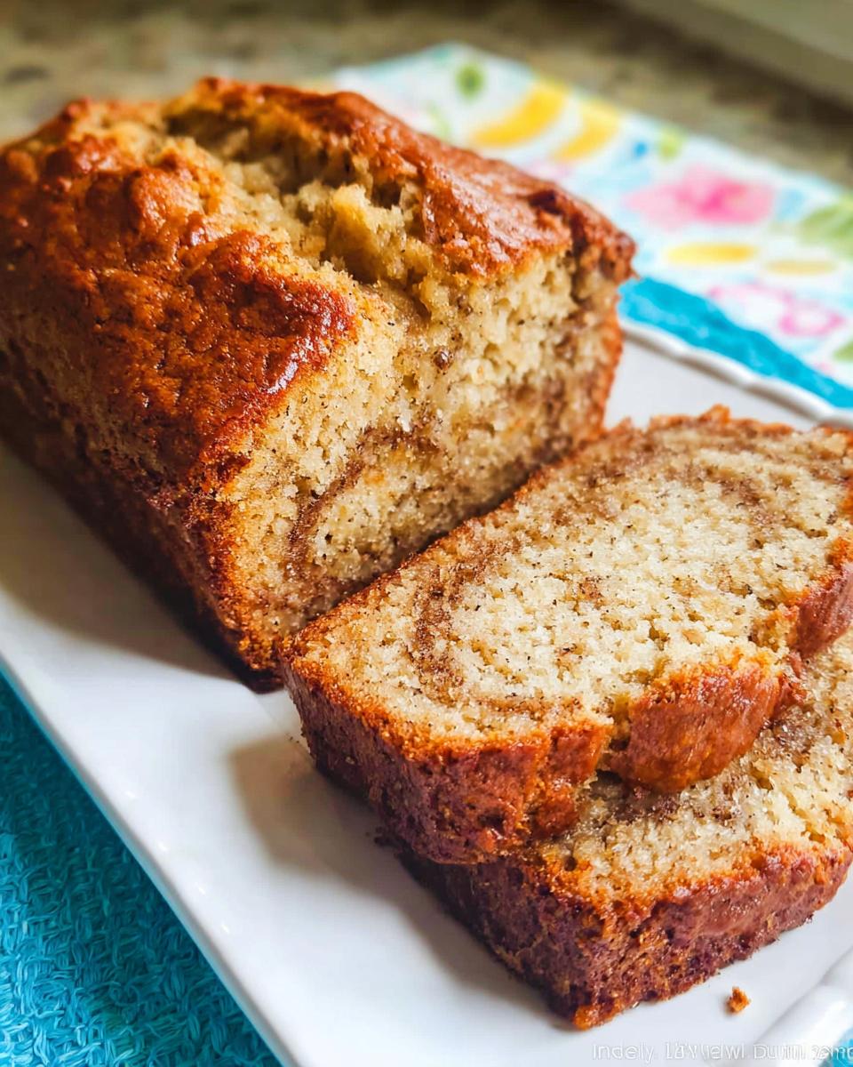 Close-up of a loaf of Sour Cream Banana Bread, partially sliced to show the moist texture and cinnamon swirl inside.