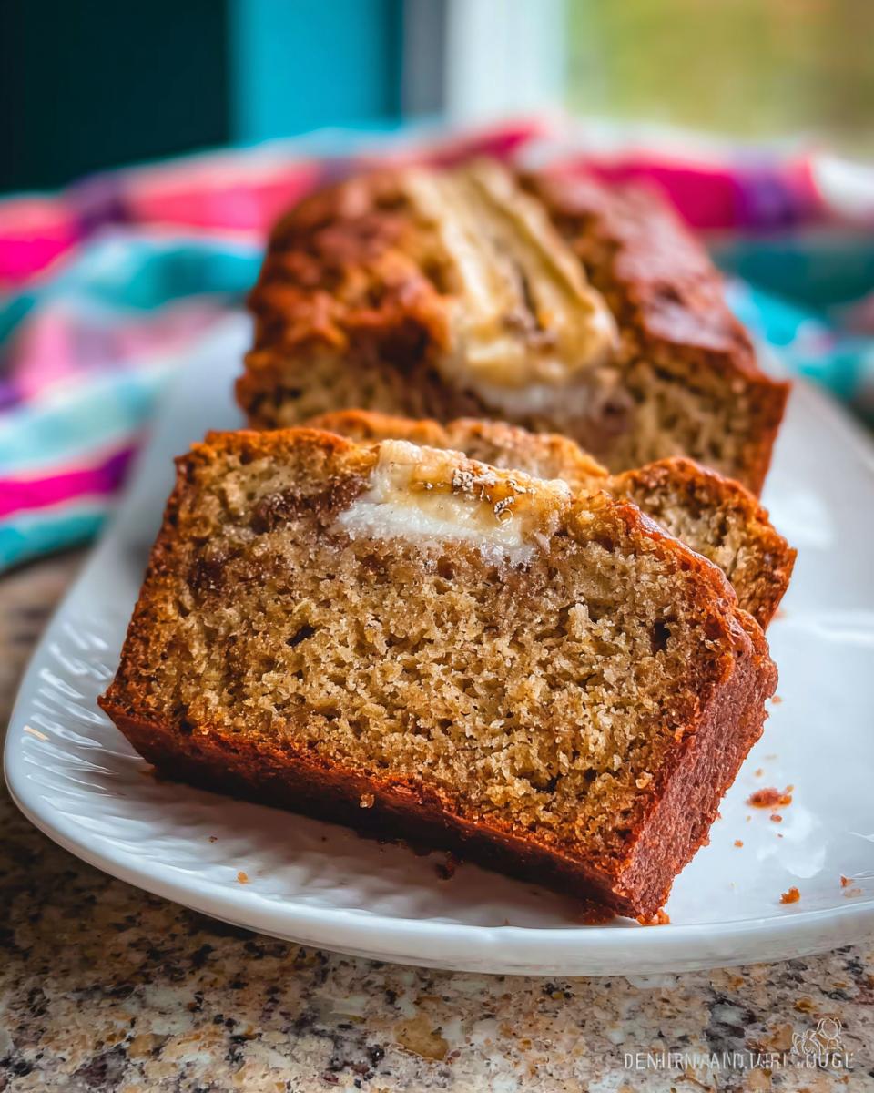 Close-up of a thick slice of moist Sour Cream Banana Bread showing a creamy filling swirl.