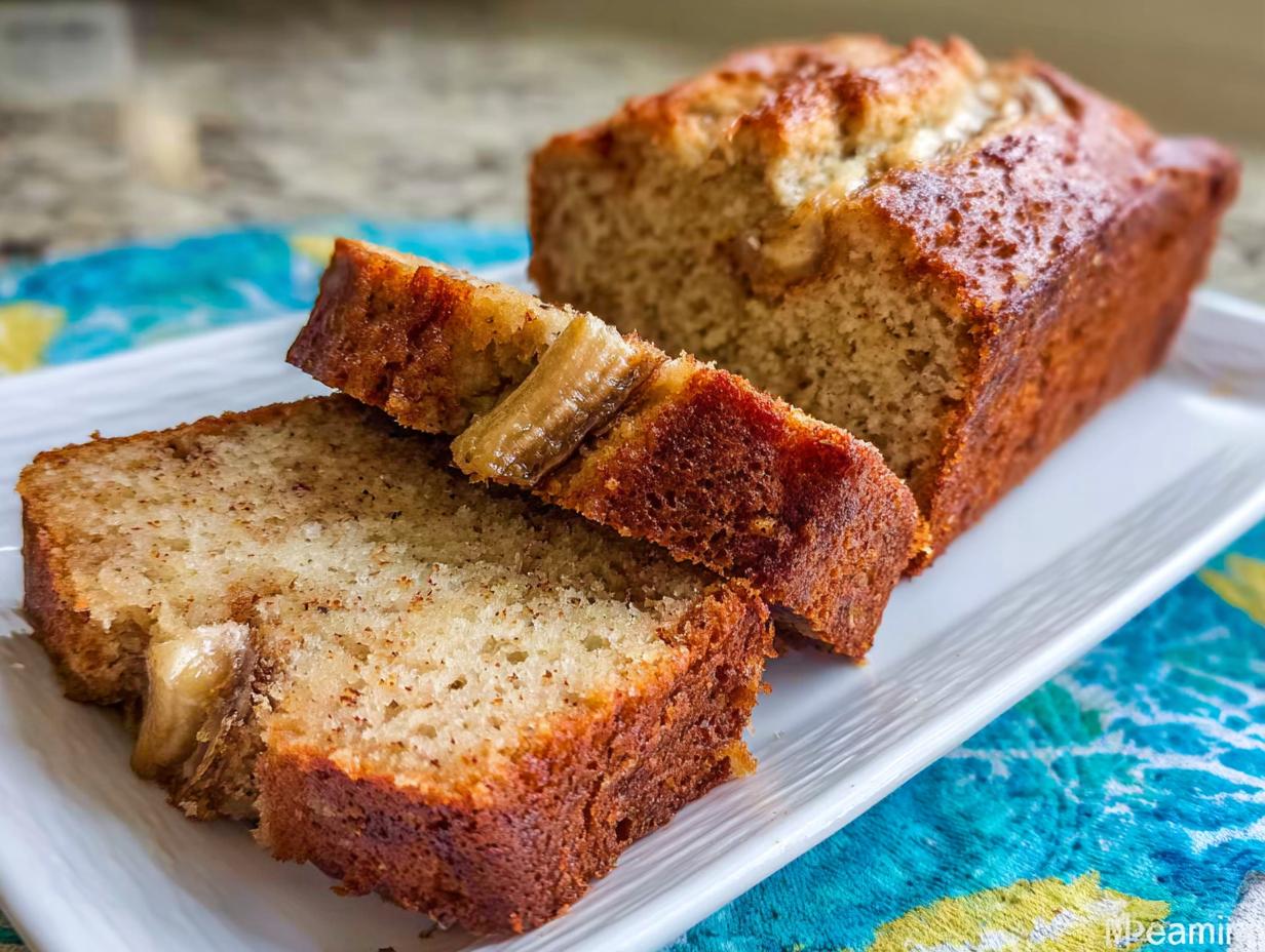 Close-up of a sliced loaf of moist Sour Cream Banana Bread on a white platter.
