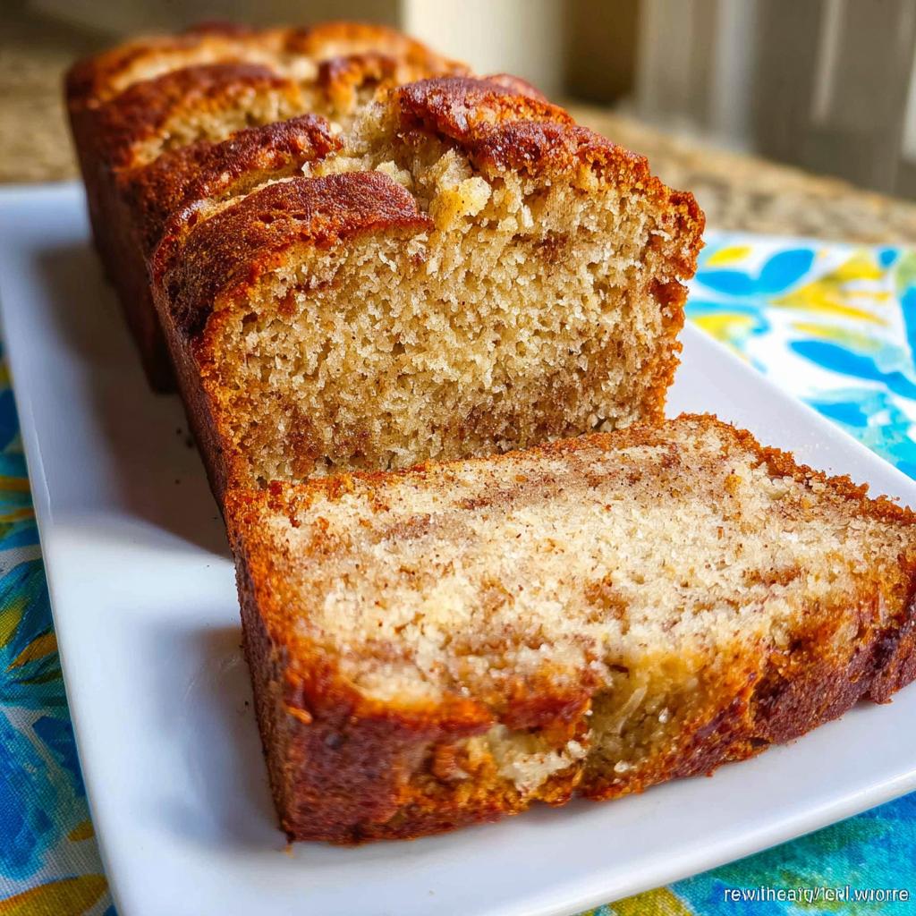 A loaf of moist Sour Cream Banana Bread, partially sliced, showing a rich cinnamon swirl texture inside.
