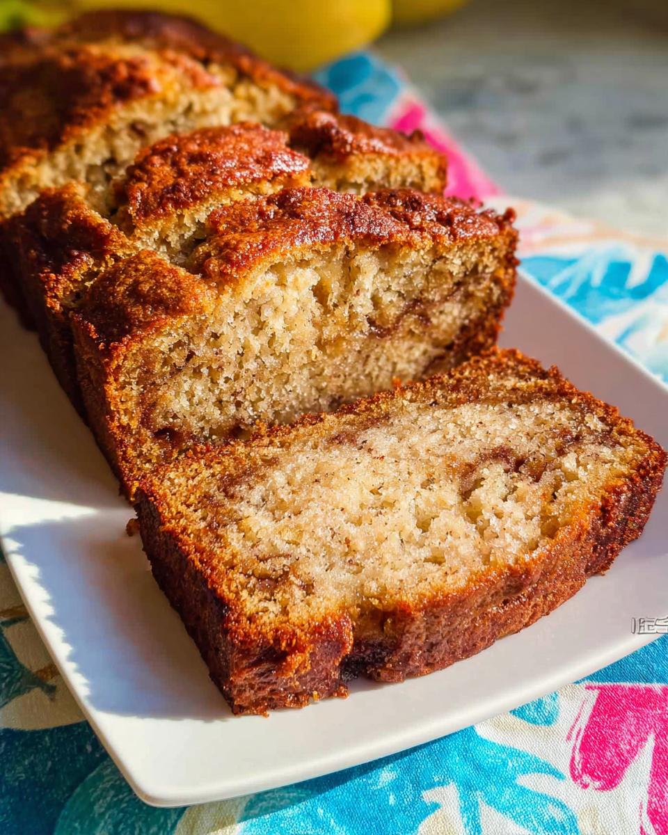 Close-up of sliced Sour Cream Banana Bread showing a moist crumb and caramelized top crust.