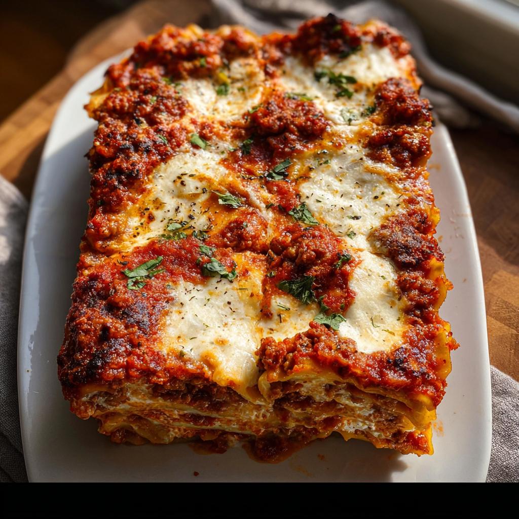 A perfectly baked slice of Spicy Sausage and Ricotta Lasagna with melted cheese and rich meat sauce.