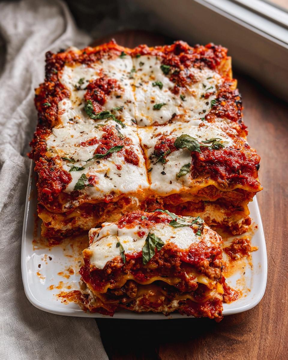A close-up of a pan of Spicy Sausage and Ricotta Lasagna, with one serving pulled forward, topped with melted cheese and basil.