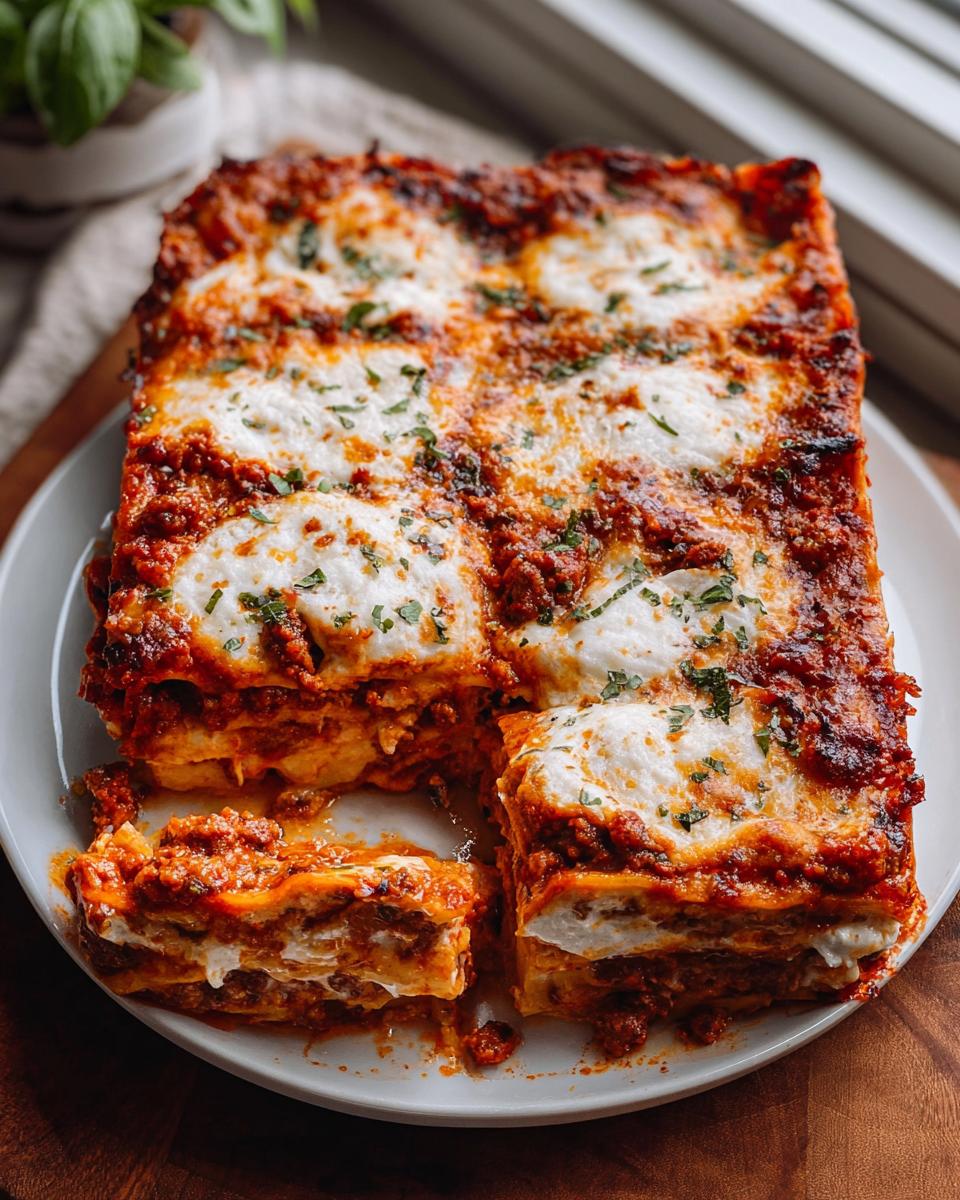 A square pan of rich Spicy Sausage and Ricotta Lasagna, topped with melted cheese and parsley, with two slices partially removed.