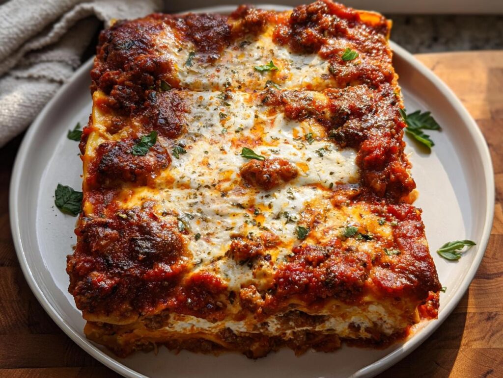 A square portion of baked Spicy Sausage and Ricotta Lasagna topped with rich tomato sauce and melted cheese.