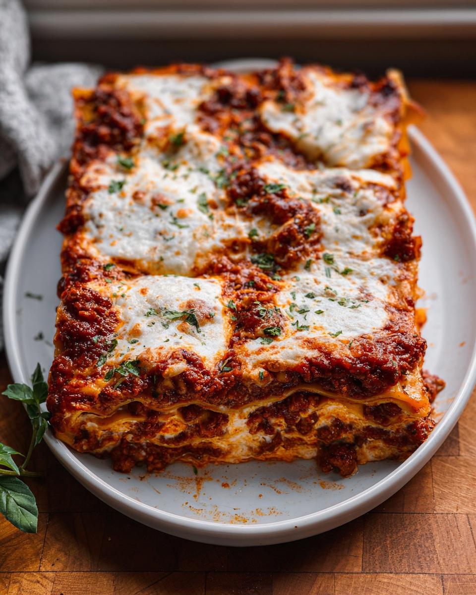 A thick, square serving of Spicy Sausage and Ricotta Lasagna topped with melted white cheese and parsley.