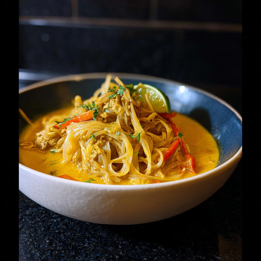 A bowl of Spicy Thai Coconut Curry Noodle Soup featuring rice noodles, yellow curry broth, red peppers, and a lime wedge.