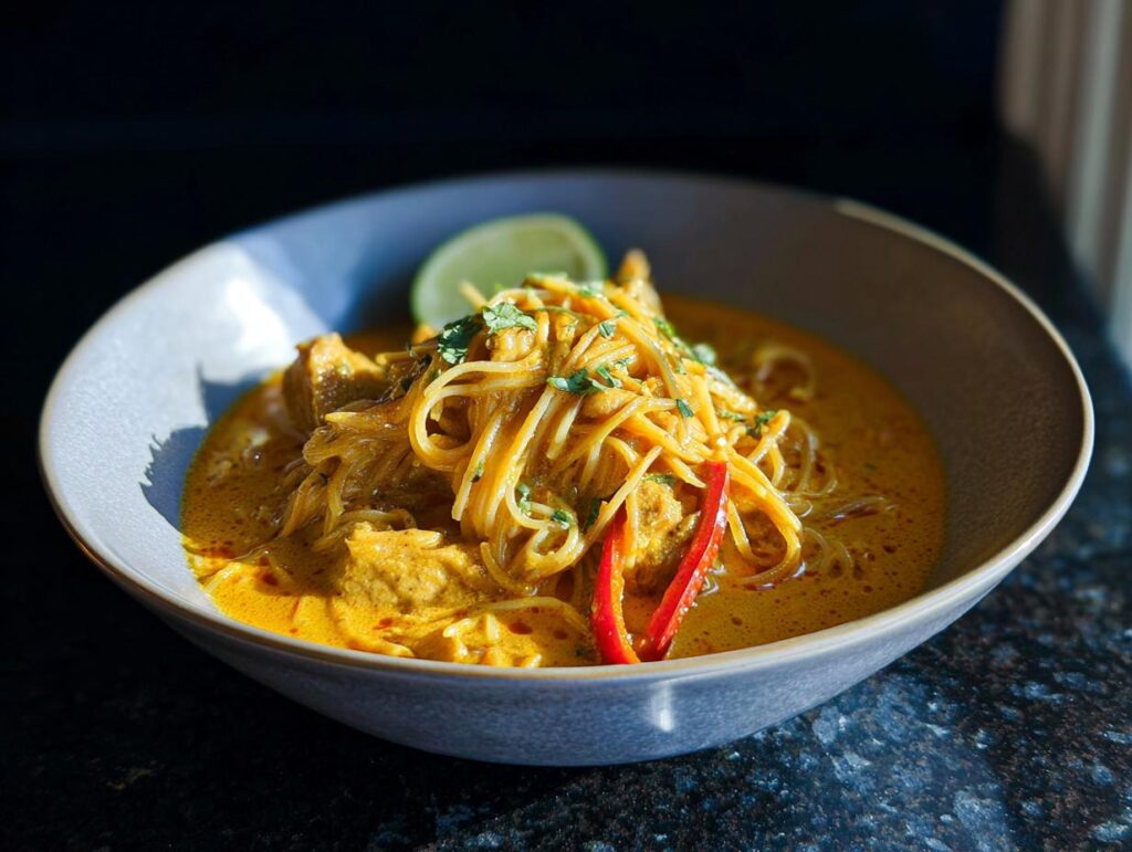 A bowl of rich, orange Spicy Thai Coconut Curry Noodle Soup topped with noodles, chicken pieces, and cilantro.