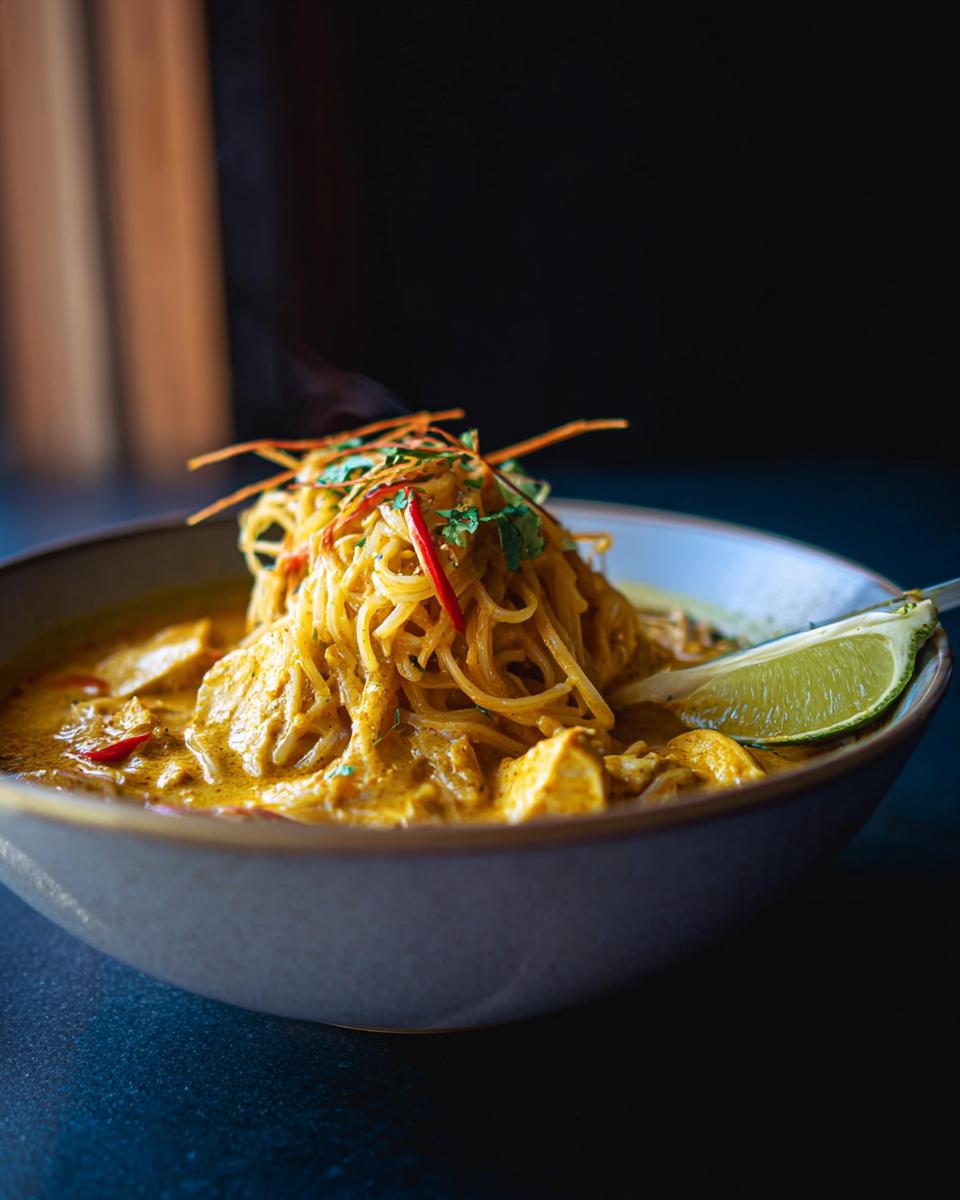 A close-up of a bowl of steaming Spicy Thai Coconut Curry Noodle Soup topped with noodles and a lime wedge.