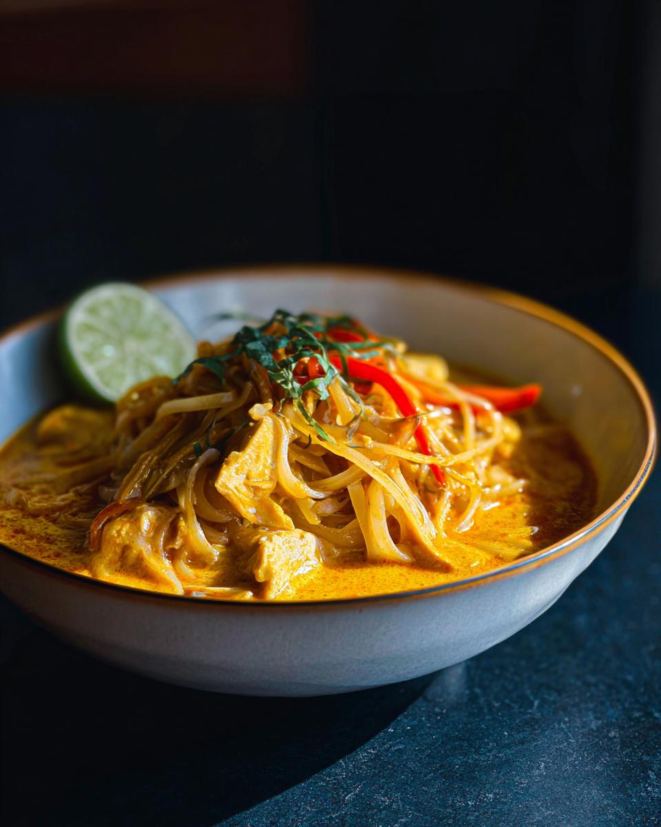 A close-up of a bowl of Spicy Thai Coconut Curry Noodle Soup topped with red peppers and herbs, with a lime wedge on the side.