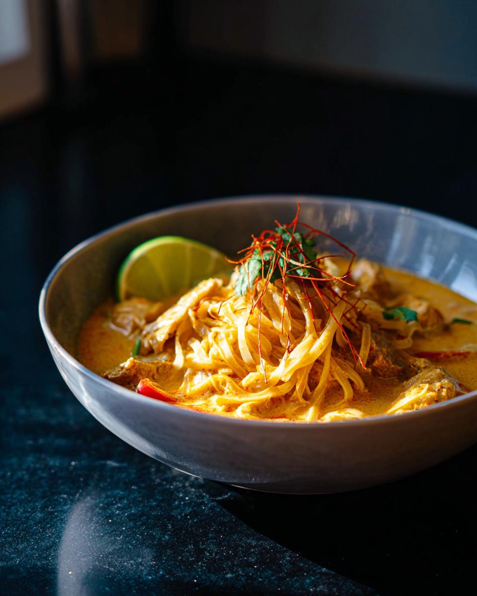 Close-up of a bowl of Spicy Thai Coconut Curry Noodle Soup topped with noodles, herbs, and a lime wedge.