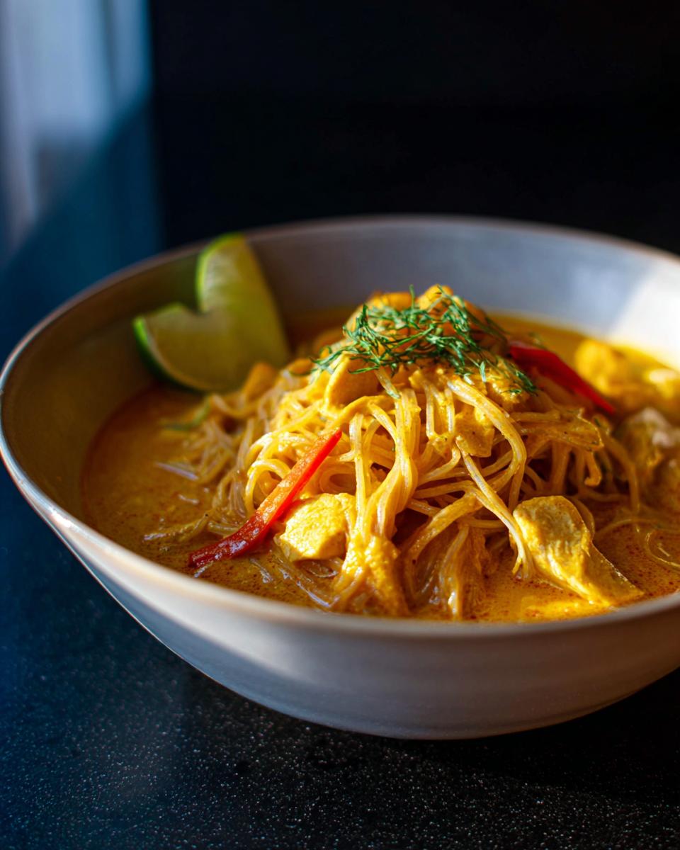 A close-up of a bowl filled with Spicy Thai Coconut Curry Noodle Soup, topped with noodles, chicken, and lime wedges.