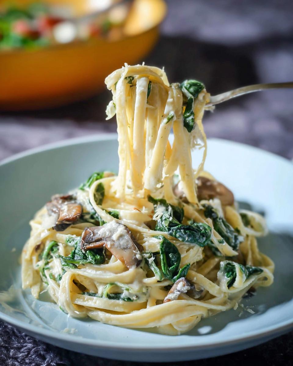 A fork lifting fettuccine noodles coated in creamy sauce, spinach, and mushrooms from a plate of Spinach and Mushroom Alfredo Pasta.