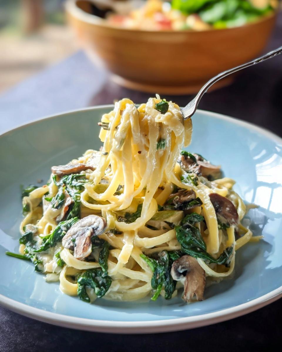 A fork lifts creamy fettuccine noodles mixed with spinach and mushrooms from a bowl of Spinach and Mushroom Alfredo Pasta.
