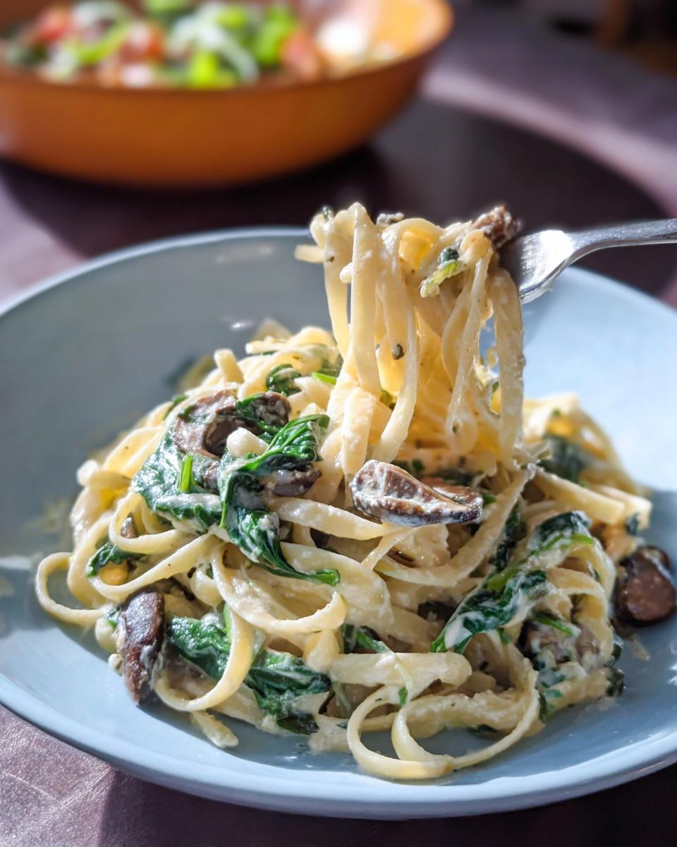 A fork lifting creamy fettuccine from a bowl of Spinach and Mushroom Alfredo Pasta with wilted spinach and mushrooms.