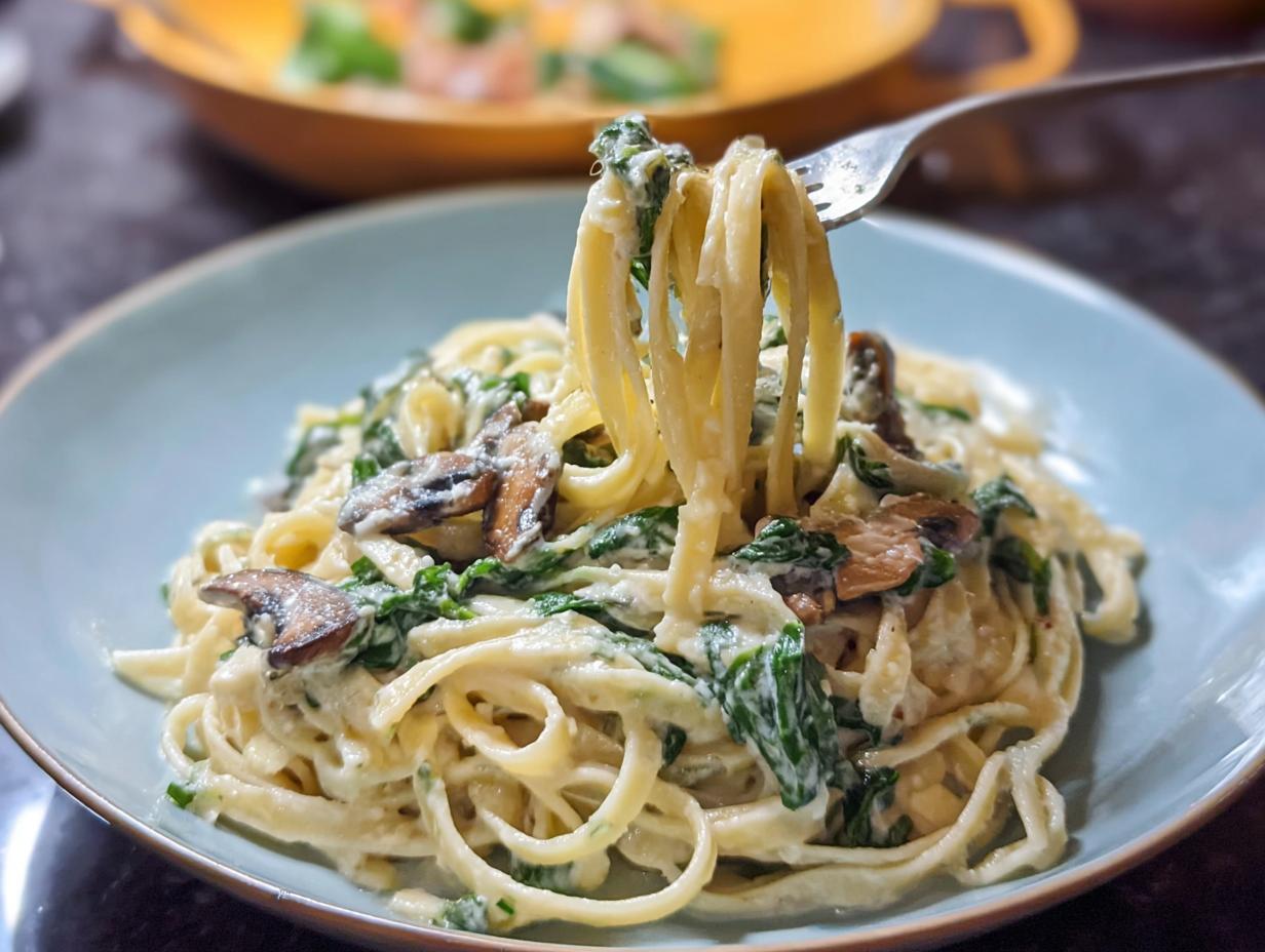 A fork twirling linguine coated in creamy sauce, spinach, and mushrooms from a plate of Spinach and Mushroom Alfredo Pasta.